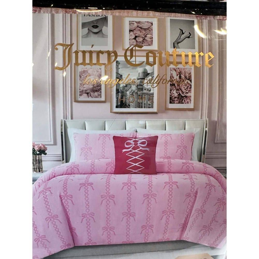 Juicy Couture Pink Bow Embossed Queen Comforter Set Pillow Plush 4pc Coquette